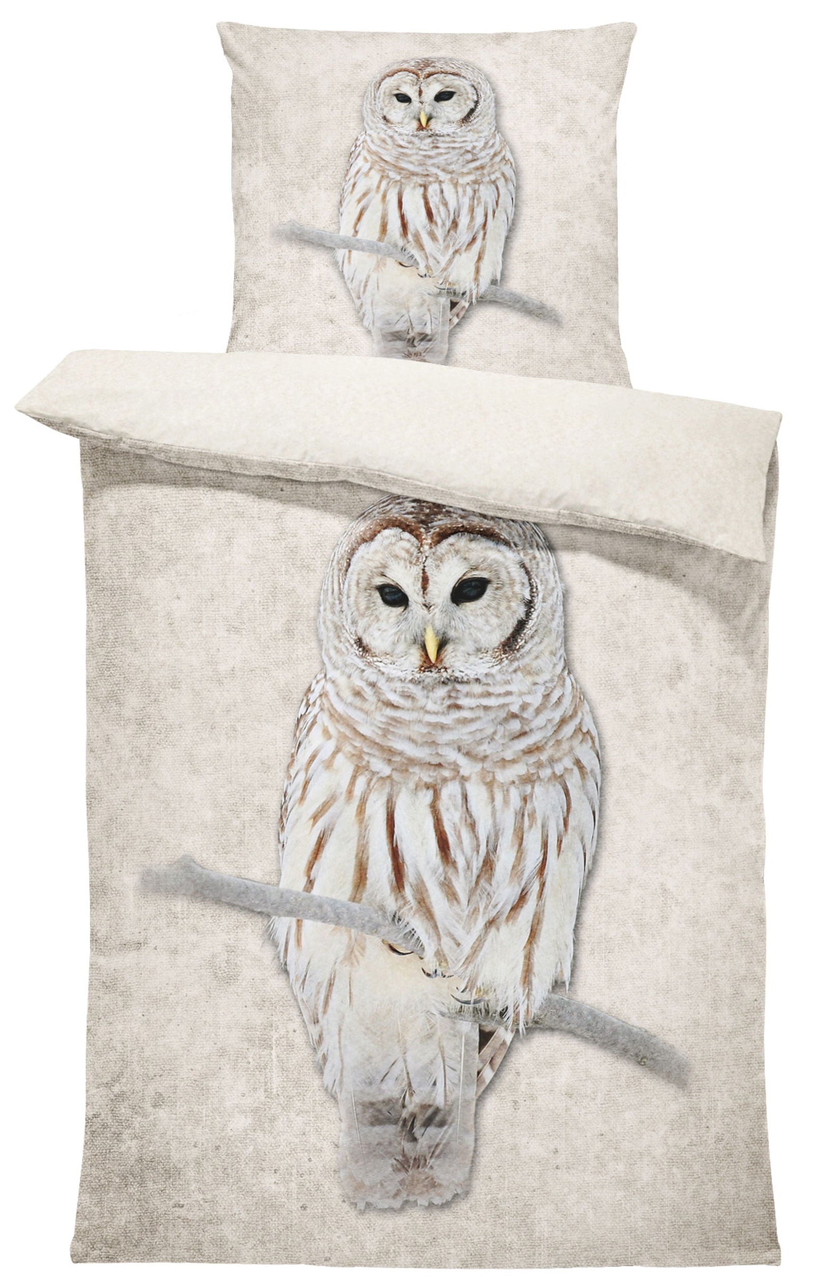 Winter Bettwäsche 135x200 cm Eule beige natur Wende Warm Flauschig The