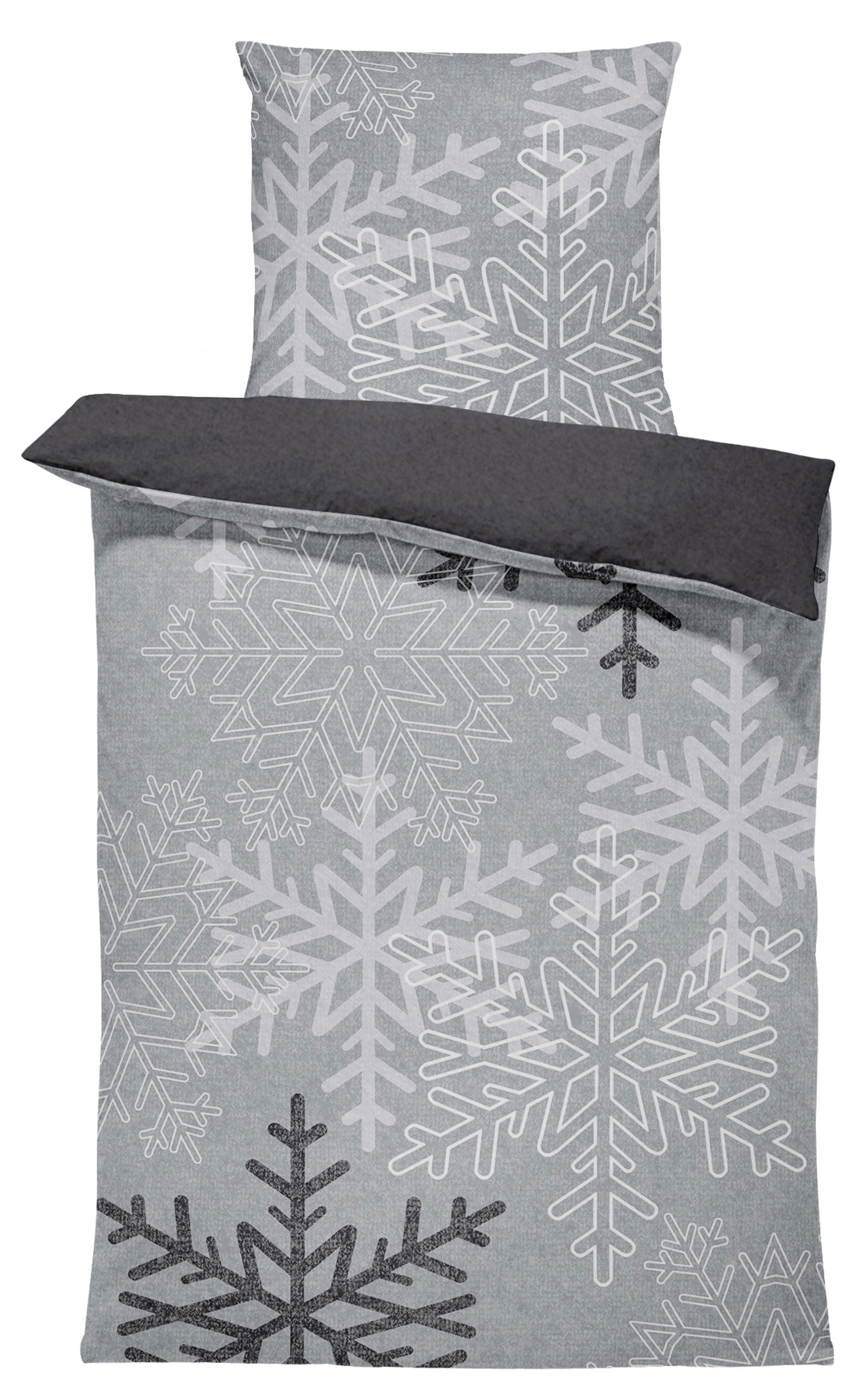 Winter Bettwäsche 135x200 cm Schneeflocken Kristalle grau Flausch Warm