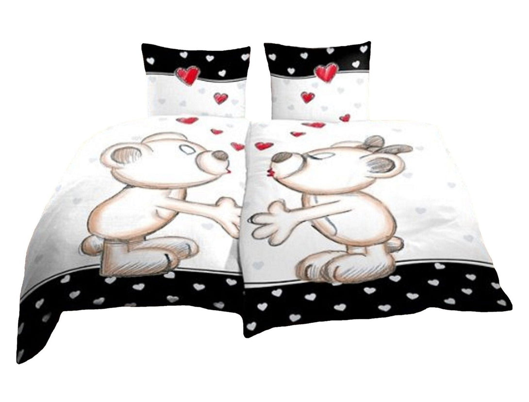 One Home 4 teilig Bettwäsche 135x200 cm Bärchen Herzen Liebe Partner schwarz Microfaser