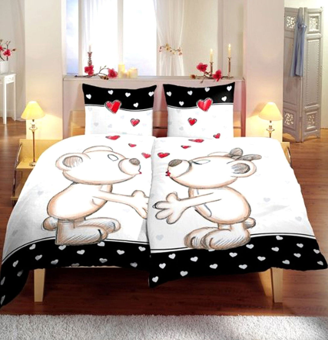 One Home 4 teilig Bettwäsche 135x200 cm Bärchen Herzen Liebe Partner schwarz Microfaser