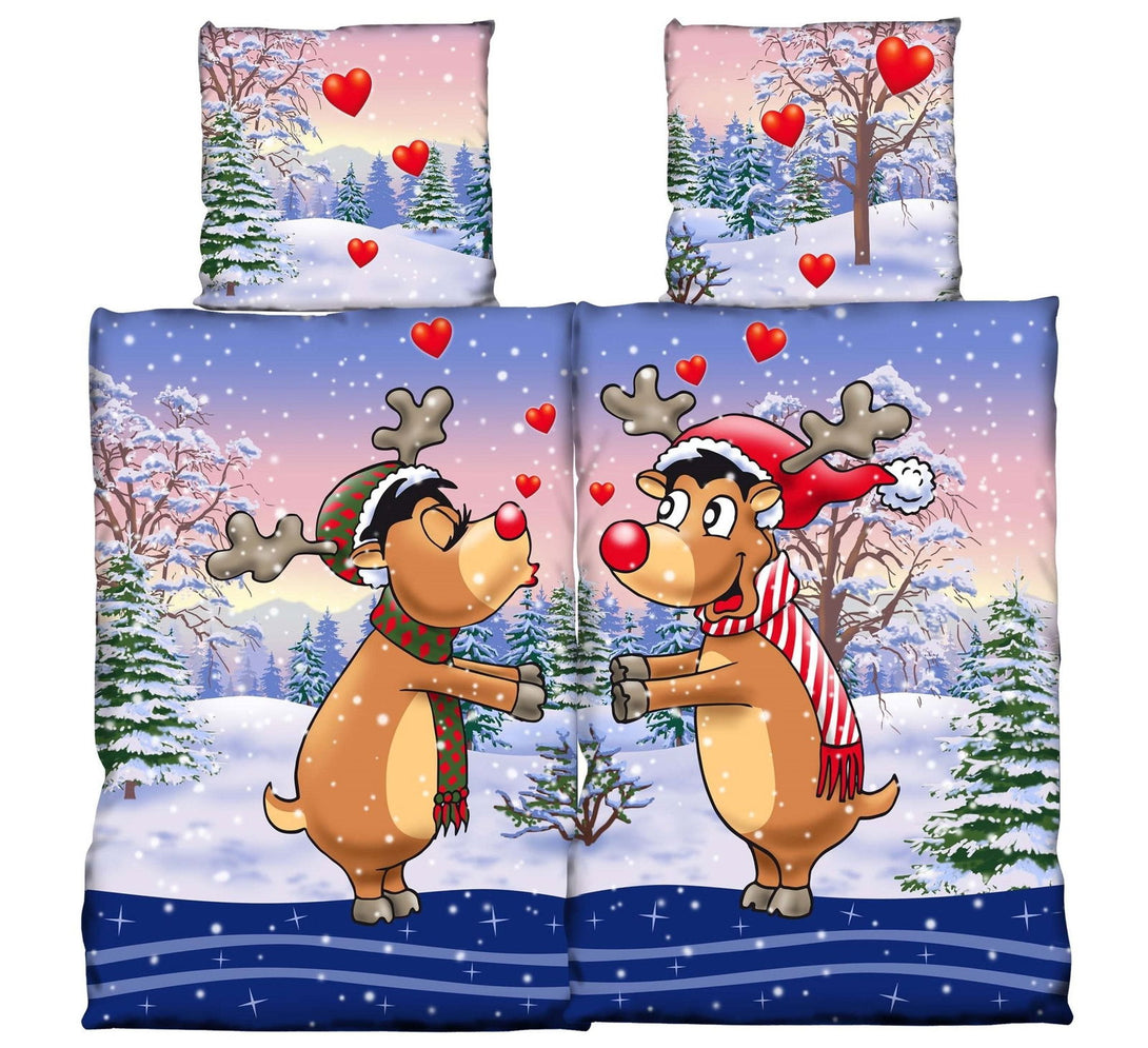 One Home 4 teilig Flausch Partner Bettwäsche 135x200 cm Elche Paar Winter Thermofleece