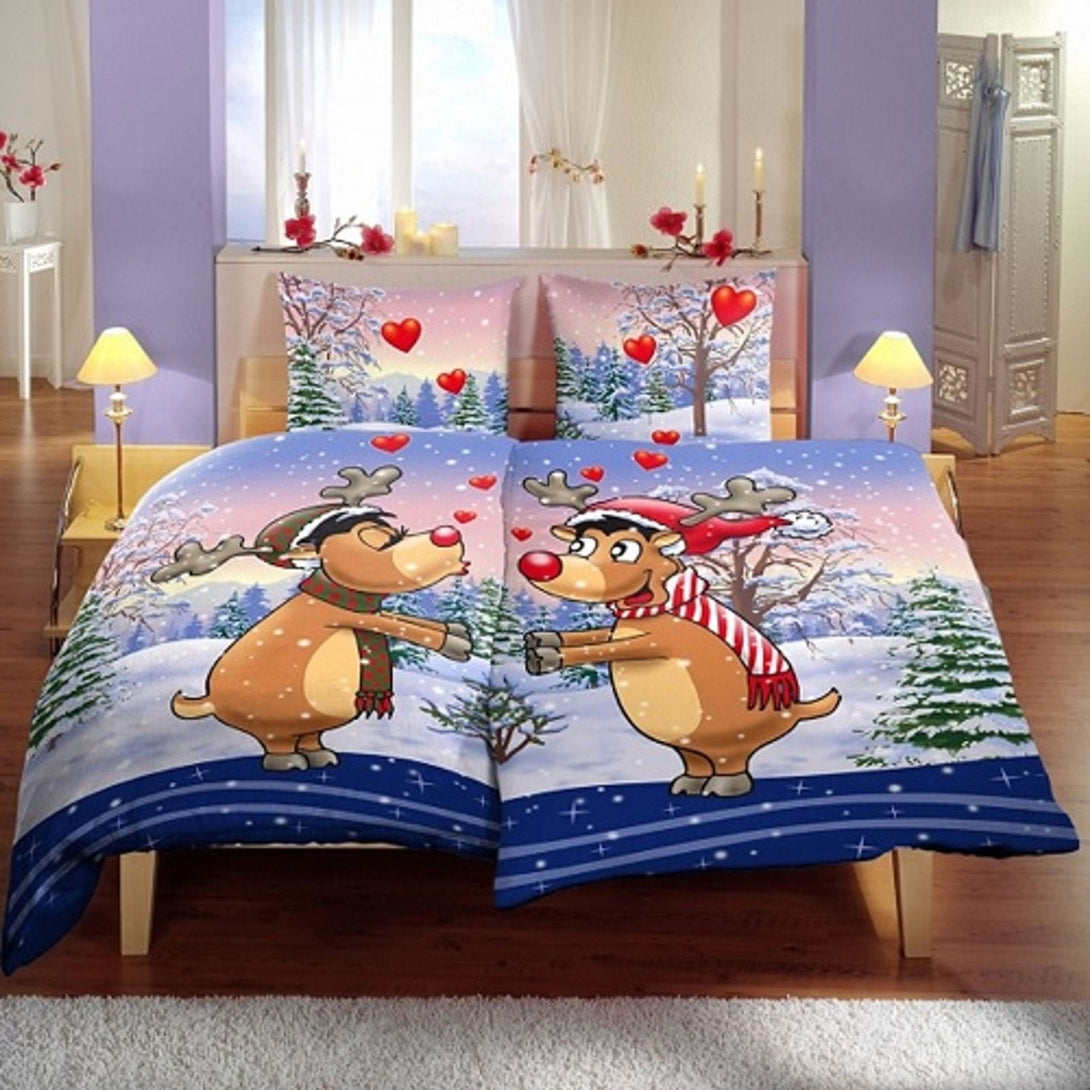 4 teilig Flausch Partner Bettwäsche 135x200 cm Elche Paar Winter Therm