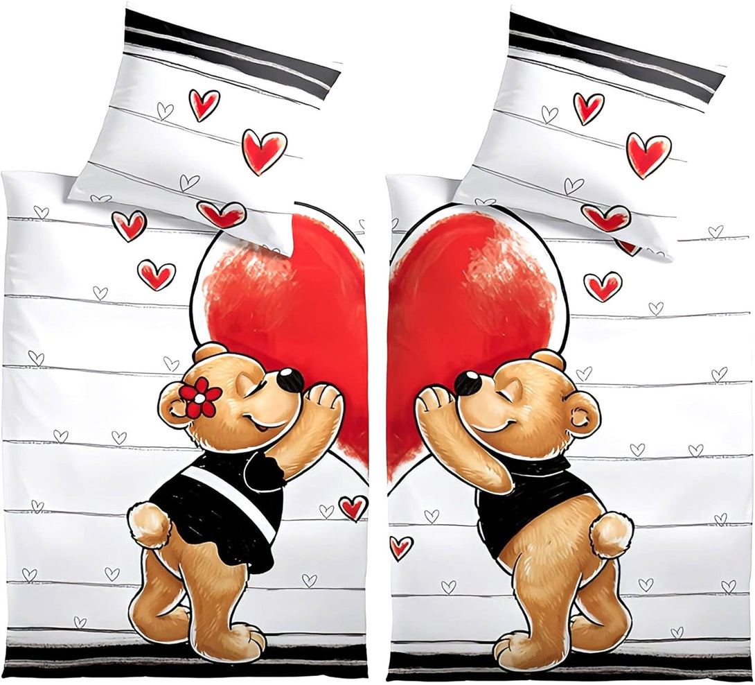 One Home 4 teilig Partner Bettwäsche 135x200 cm Teddy Bären Love Liebe Herzen Microfaser