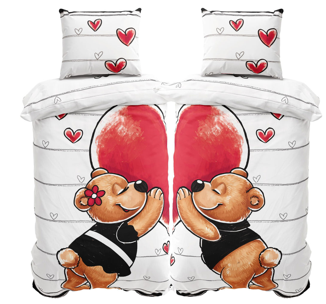 One Home 4 teilig Partner Bettwäsche 135x200 cm Teddy Bären Love Liebe Herzen Microfaser