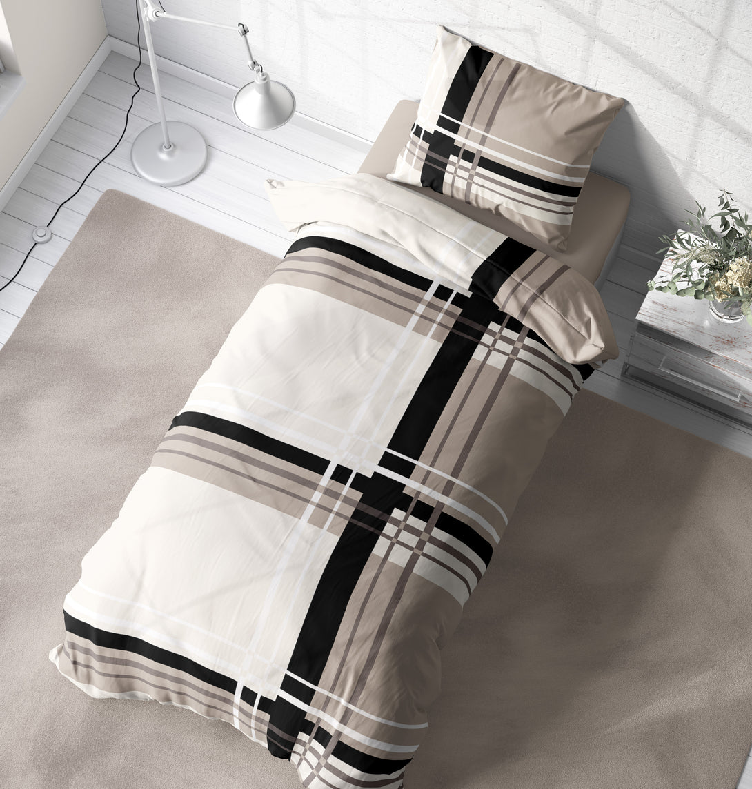 One Home Biber Bettwäsche 135x200 cm grafisch gestreift modern beige Winter Baumwolle