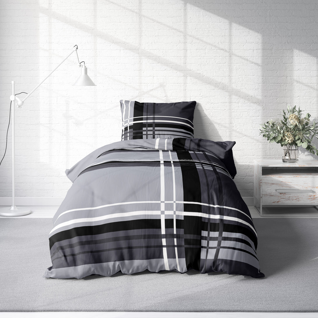 One Home Biber Bettwäsche 135x200 cm grafisch gestreift modern grau Winter Warm Baumwolle