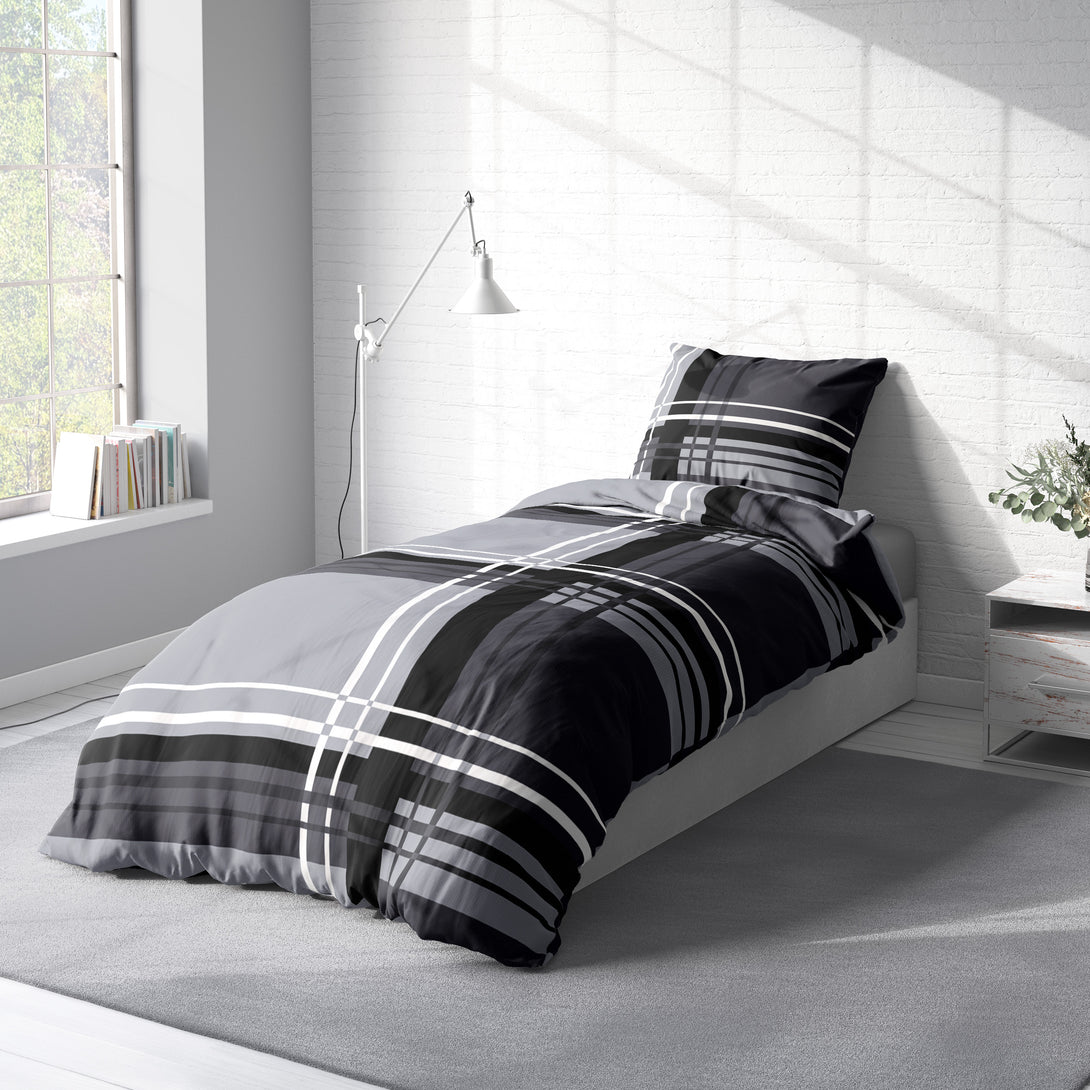 One Home Biber Bettwäsche 135x200 cm grafisch gestreift modern grau Winter Warm Baumwolle