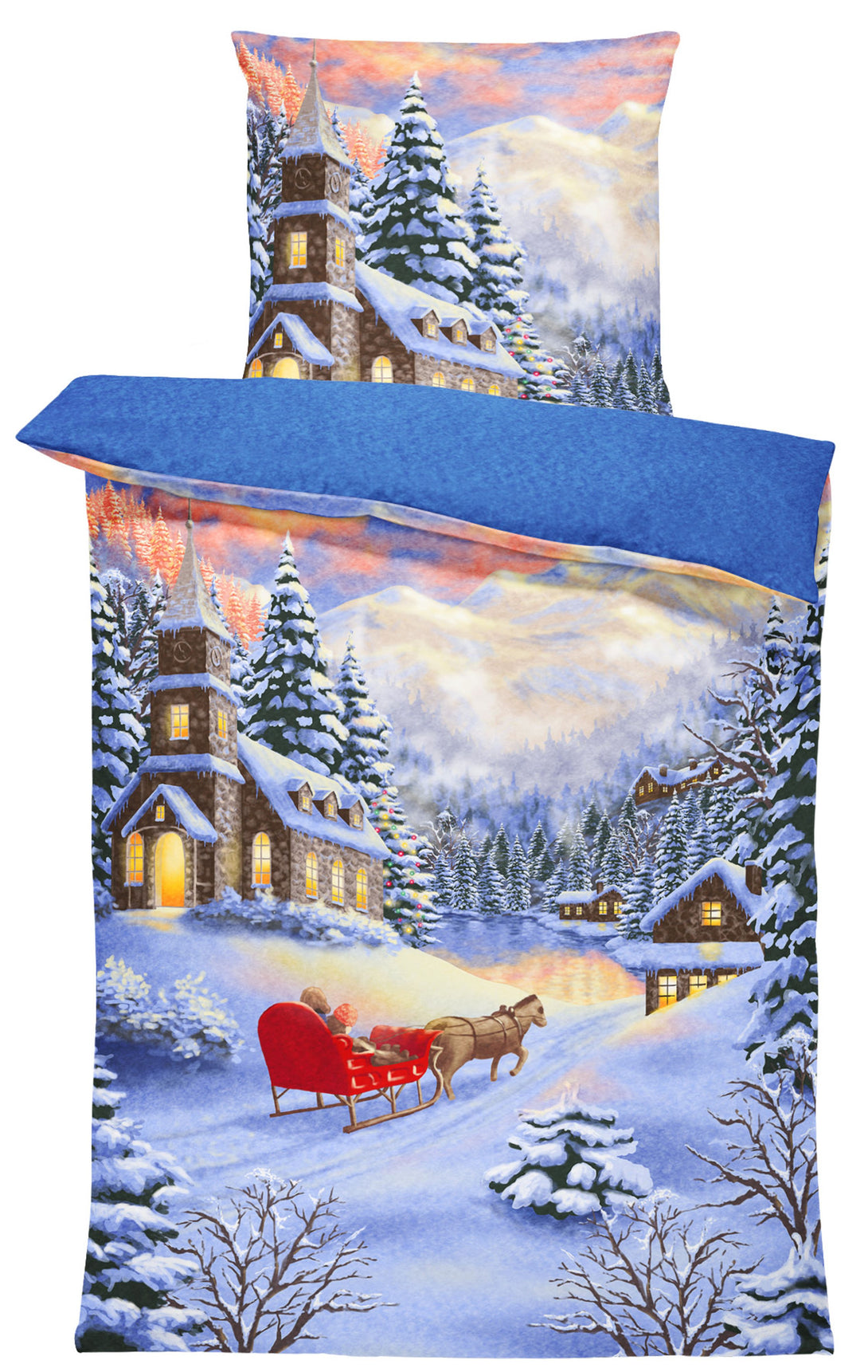 One Home Winter Bettwäsche Thermo Fleece Kuschelig Warme Bettbezüge Flauschig Warm Weich Winterlandschaft Blau 135x200 cm