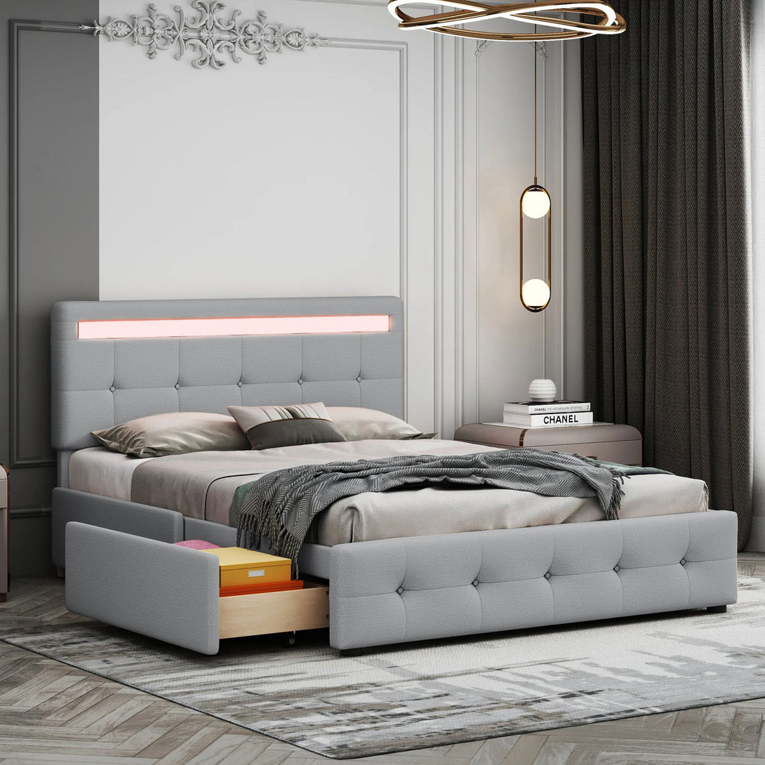 One Home Bettgestell 140x200 cm LED Beleuchtung Lattenrost & Bettkasten 4 Schubladen Leinenbezug grau ohne Matratze Grau 140x200 cm