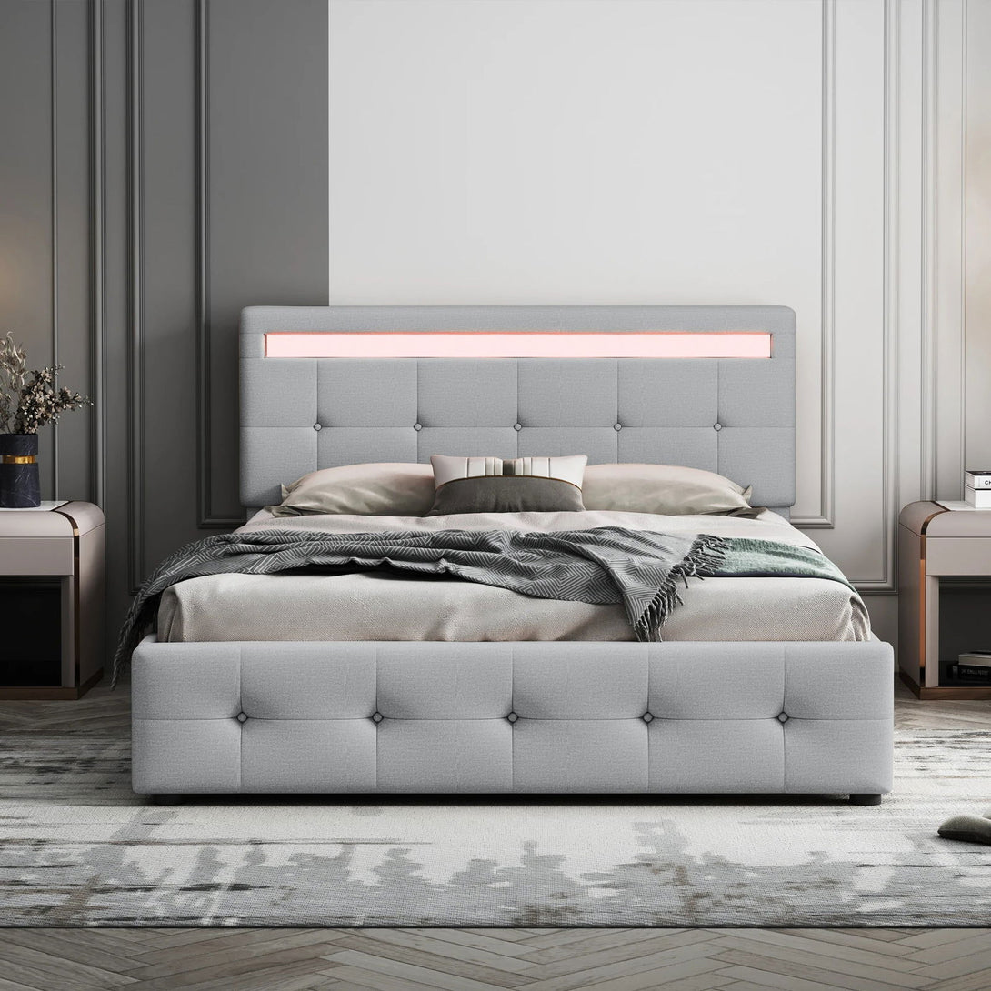 One Home Bettgestell 140x200 cm LED Beleuchtung Lattenrost & Bettkasten 4 Schubladen Leinenbezug grau ohne Matratze