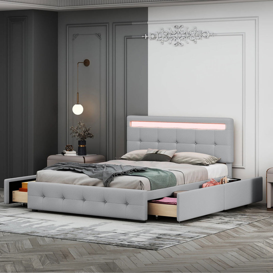 One Home Bettgestell 140x200 cm LED Beleuchtung Lattenrost & Bettkasten 4 Schubladen Leinenbezug grau ohne Matratze