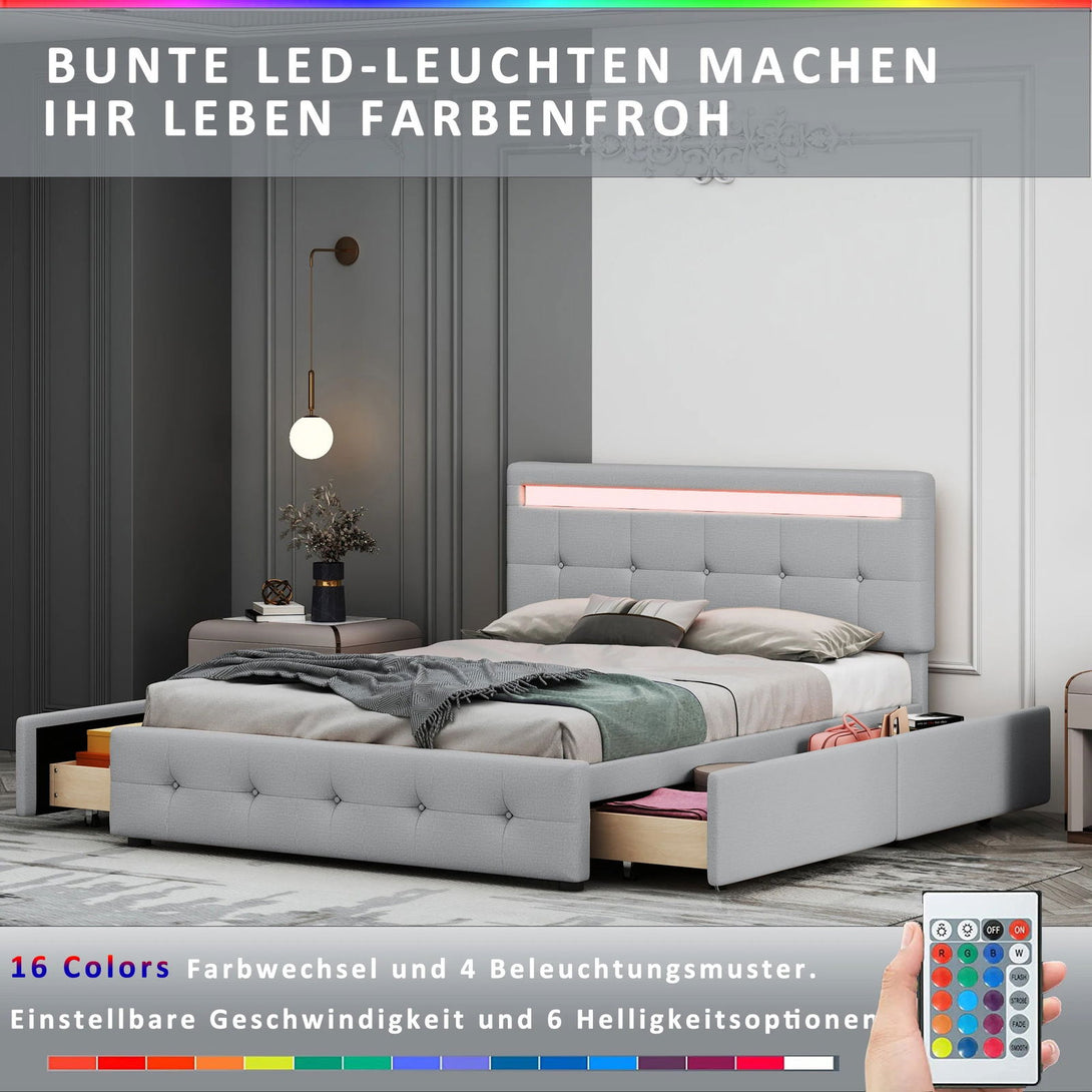 One Home Bettgestell 140x200 cm LED Beleuchtung Lattenrost & Bettkasten 4 Schubladen Leinenbezug grau ohne Matratze