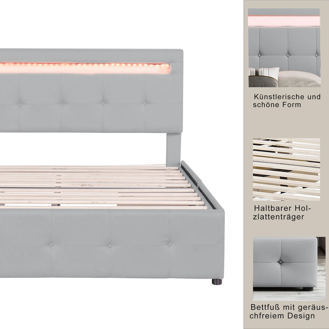 One Home Bettgestell 140x200 cm LED Beleuchtung Lattenrost & Bettkasten 4 Schubladen Leinenbezug grau ohne Matratze