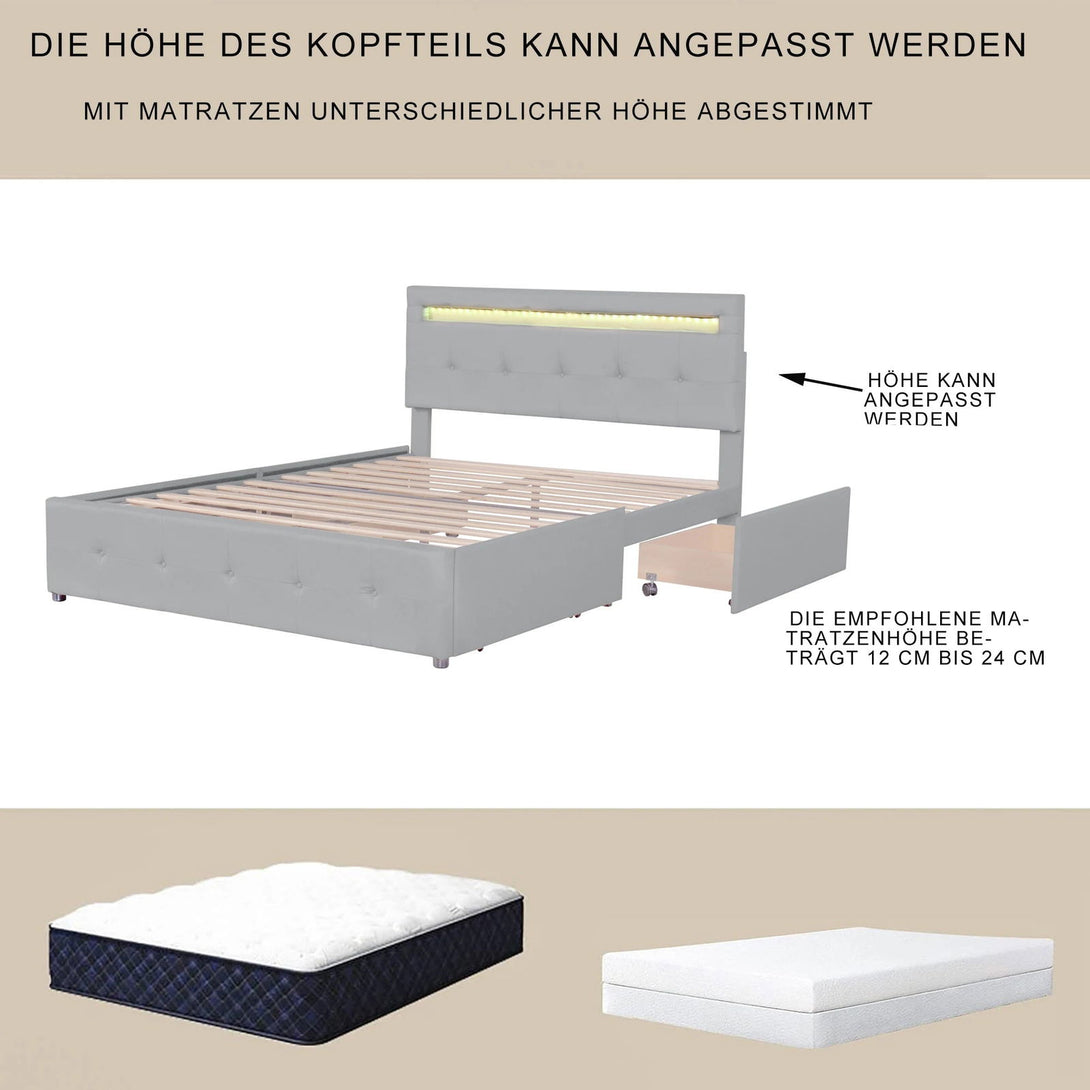 One Home Bettgestell 140x200 cm LED Beleuchtung Lattenrost & Bettkasten 4 Schubladen Leinenbezug grau ohne Matratze