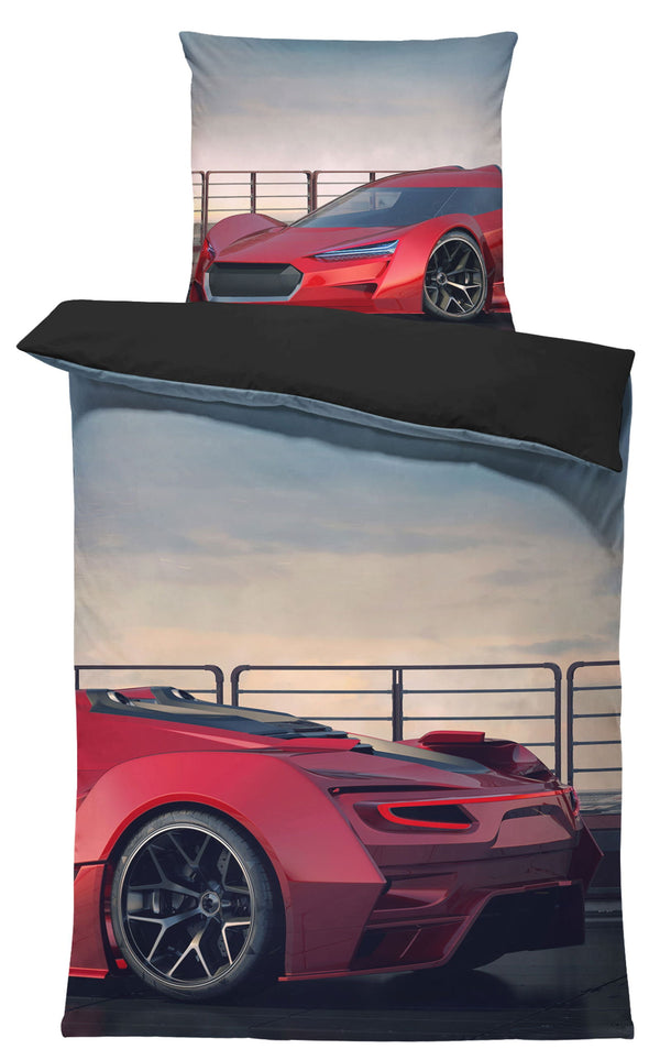 One Home Bettwäsche 135x200 cm Auto Rennauto rot schwarz Jungen Kinder Wende Microfaser