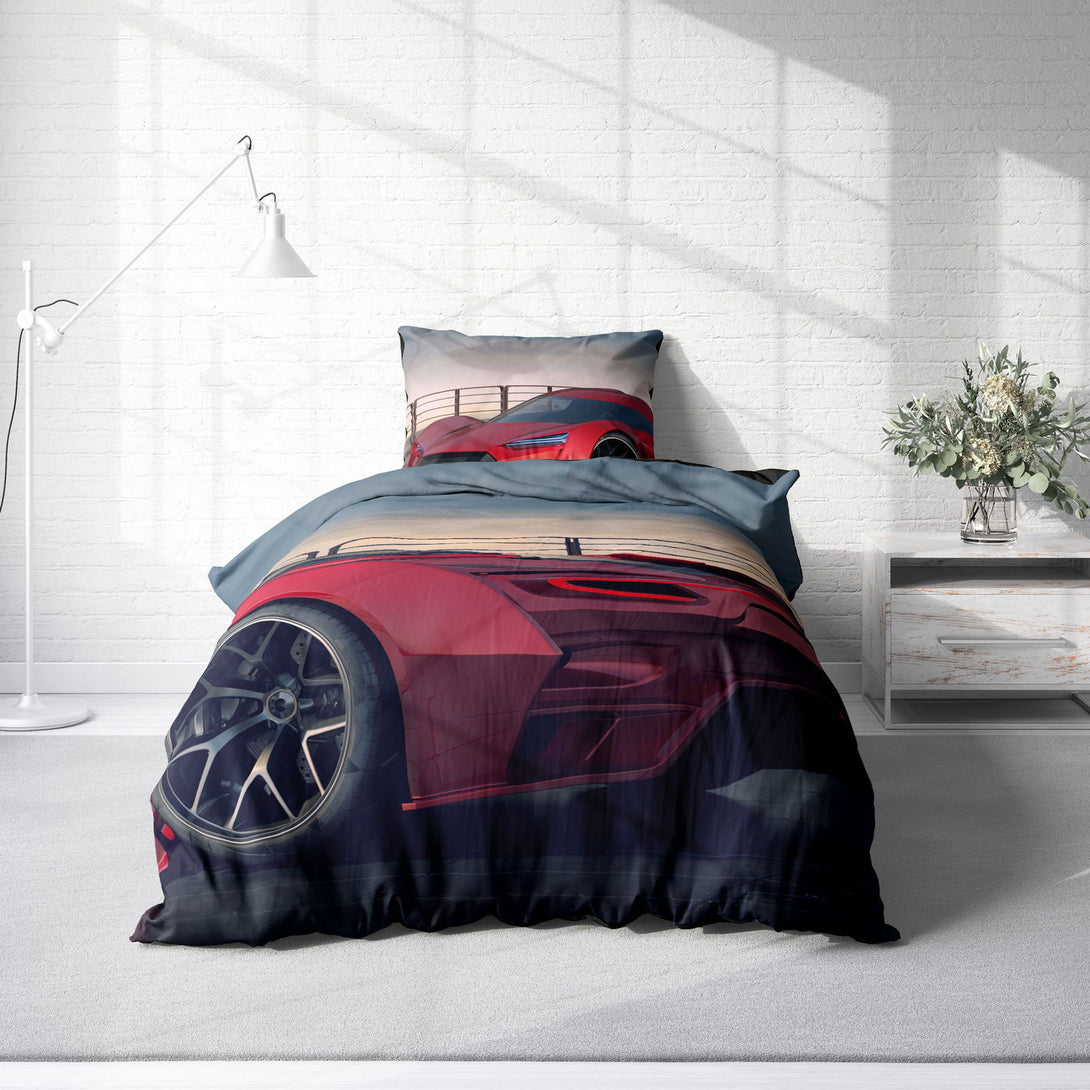 One Home Bettwäsche 135x200 cm Auto Rennauto rot schwarz Jungen Kinder Wende Microfaser