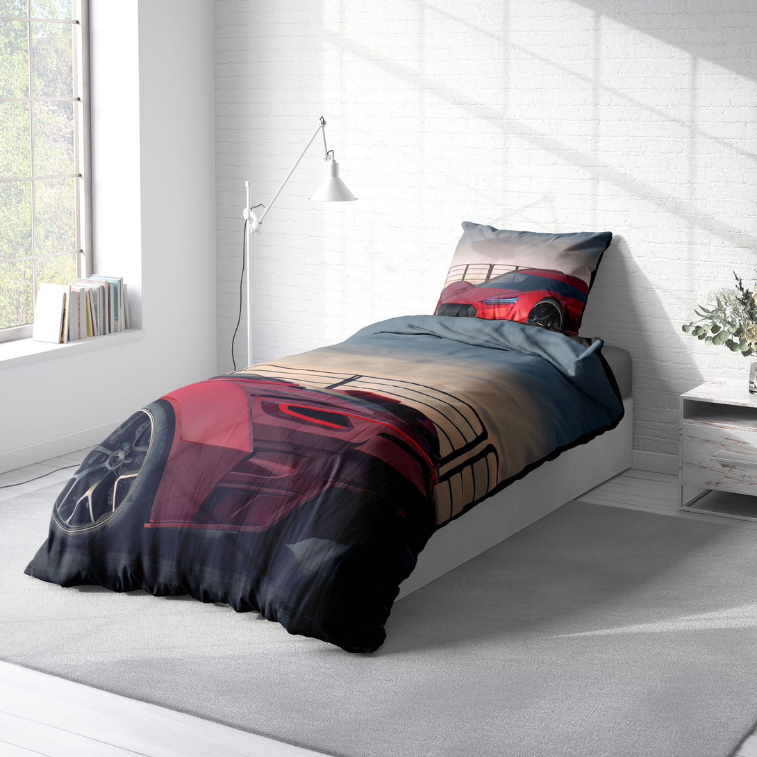 One Home Bettwäsche 135x200 cm Auto Rennauto rot schwarz Jungen Kinder Wende Microfaser