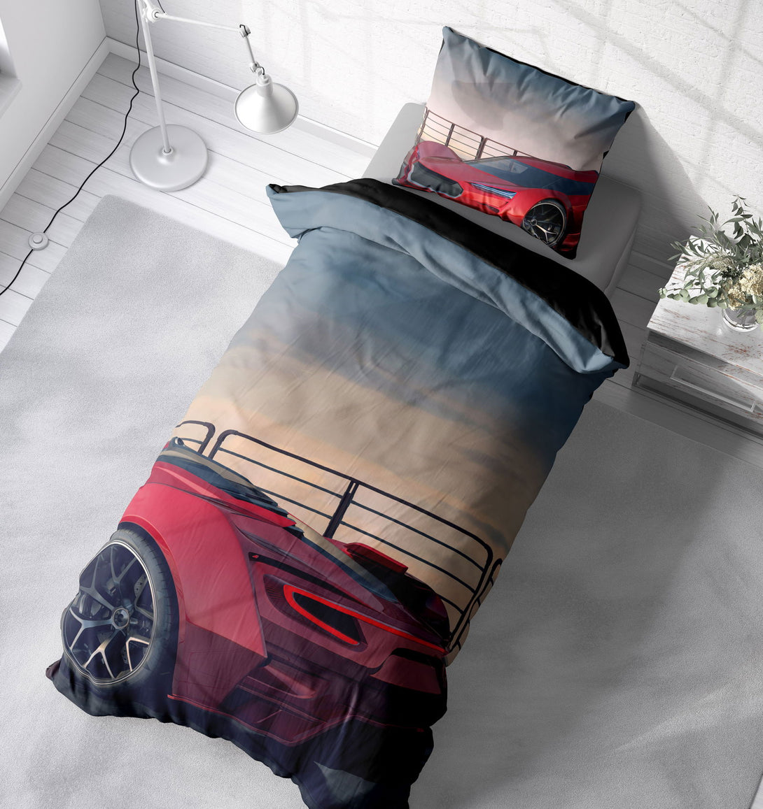 One Home Bettwäsche 135x200 cm Auto Rennauto rot schwarz Jungen Kinder Wende Microfaser