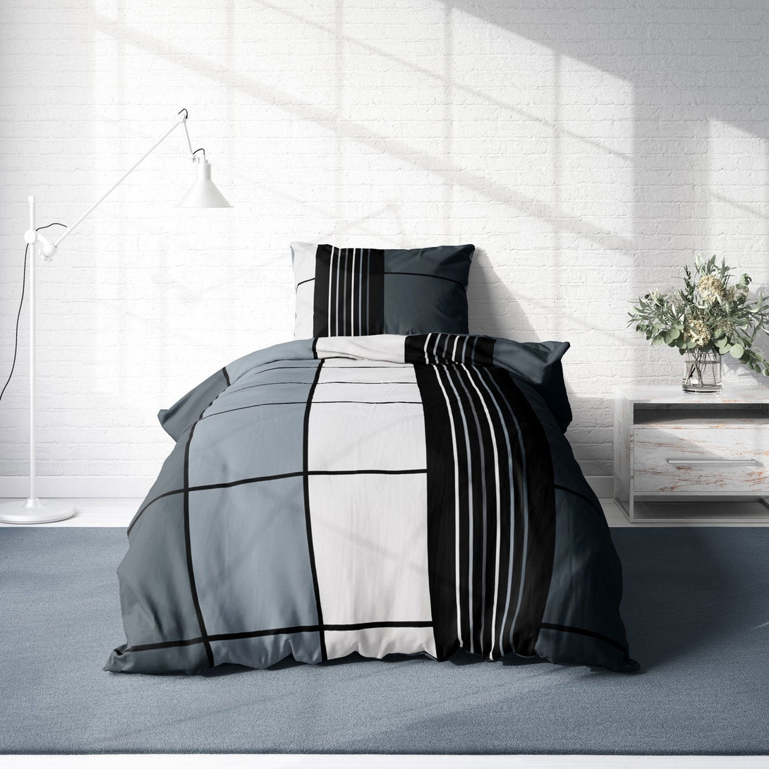 One Home Bettwäsche 135x200 cm anthrazit grau schwarz kariert Microfaser Garnitur Set