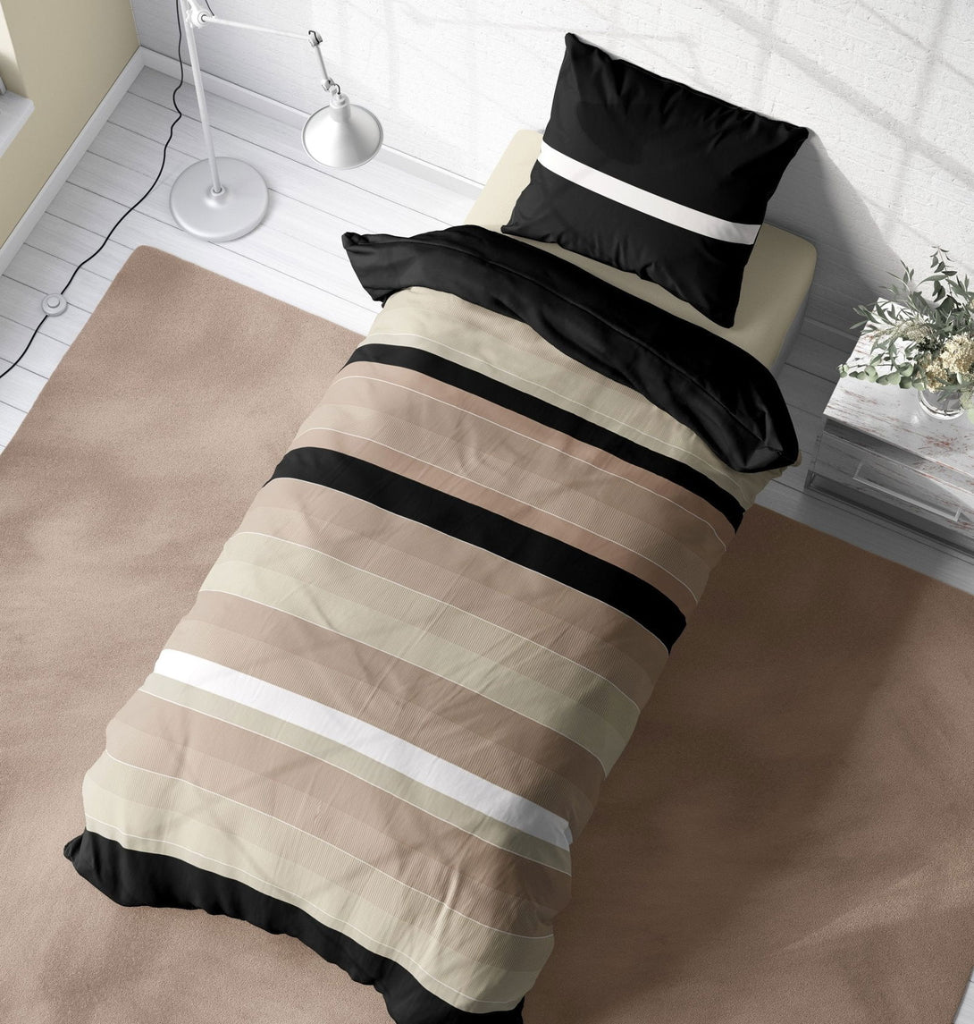 One Home Bettwäsche 135x200 cm gestreift beige natur schwarz weiß modern Microfaser