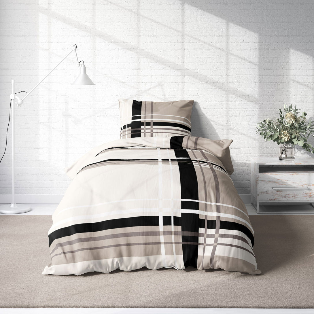 One Home Bettwäsche 135x200 cm grafisch gestreift beige taupe schwarz modern Microfaser