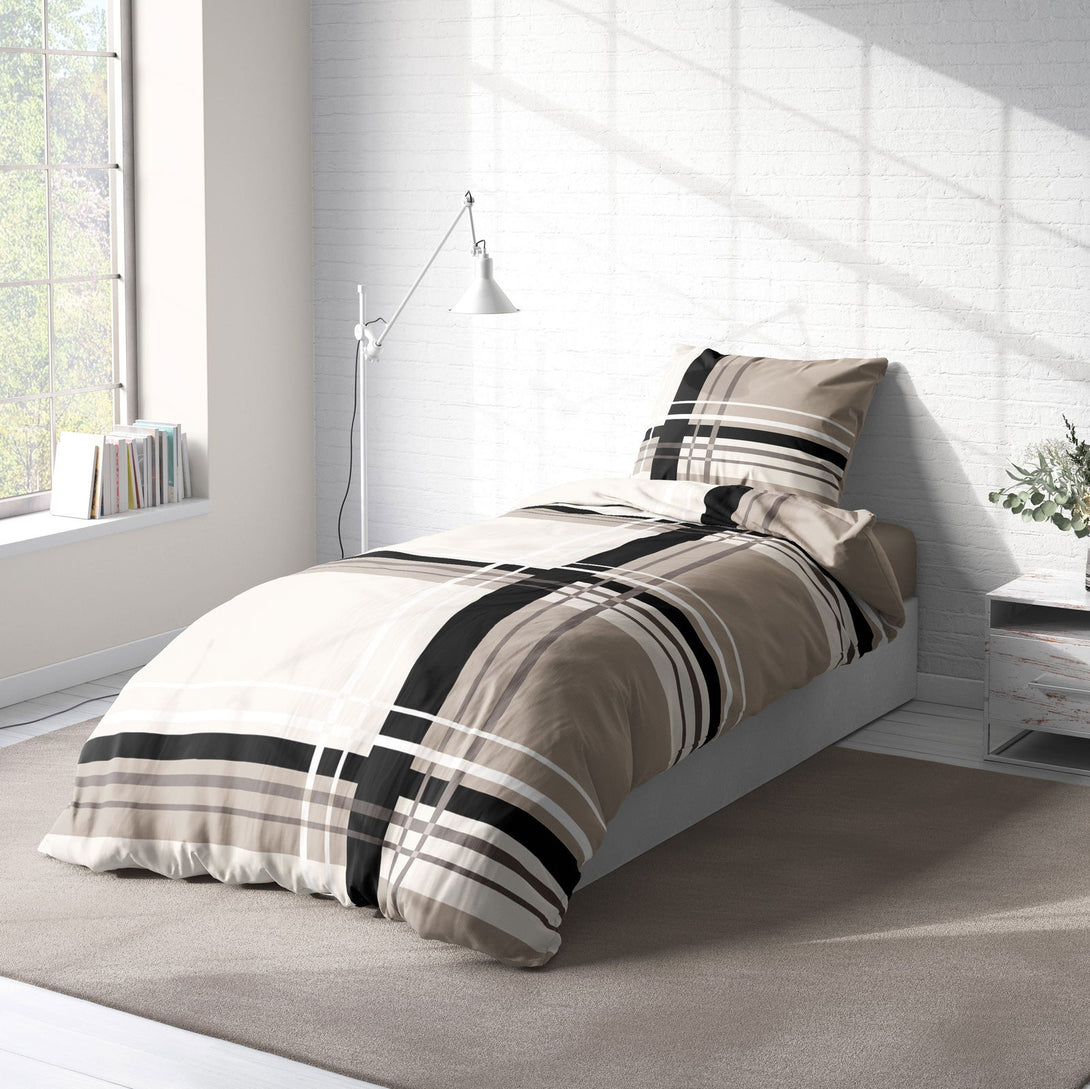 One Home Bettwäsche 135x200 cm grafisch gestreift beige taupe schwarz modern Microfaser