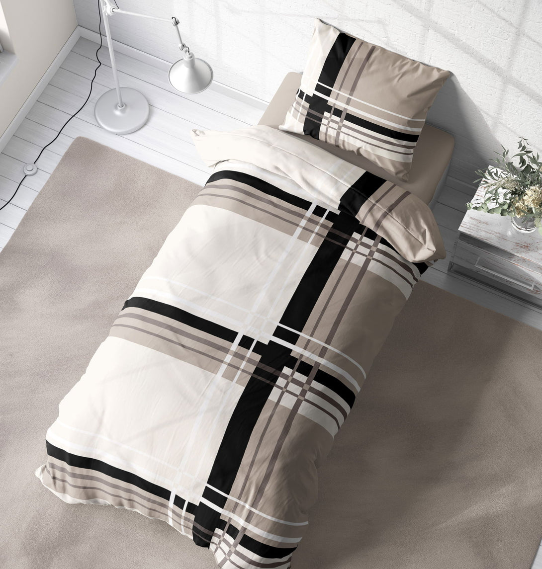 One Home Bettwäsche 135x200 cm grafisch gestreift beige taupe schwarz modern Microfaser
