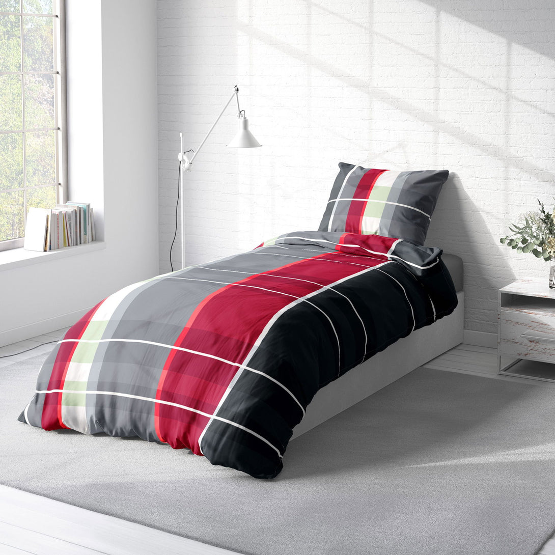 One Home Bettwäsche 135x200 cm kariert anthrazit grau rot bordeaux modern Microfaser