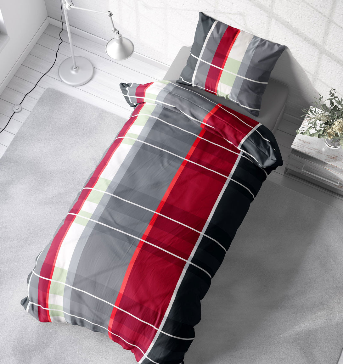 One Home Bettwäsche 135x200 cm kariert anthrazit grau rot bordeaux modern Microfaser