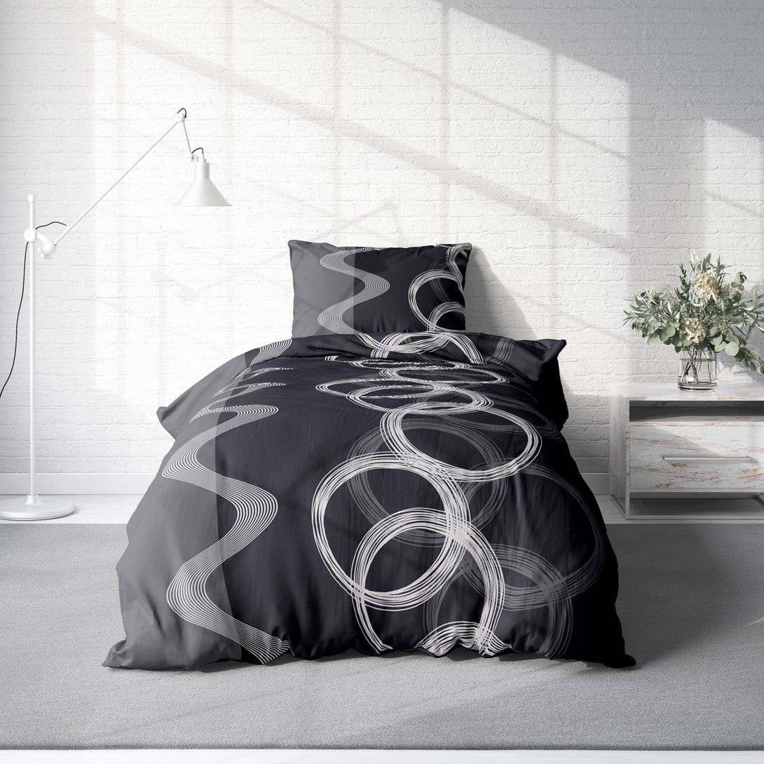 One Home Bettwäsche 135x200 cm und 80x80 cm Kreise grau schwarz anthrazit modern Garnitur