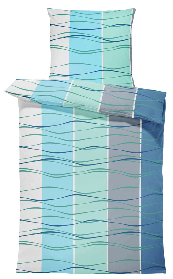 One Home Bettwäsche 155x220 cm Welle gestreift modern blau türkis grau weiß Microfaser