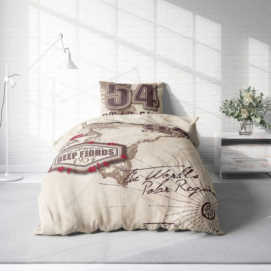 One Home Bettwäsche 155x220 cm Weltkarte Landkarte Norden Nördlich beige braun Microfaser