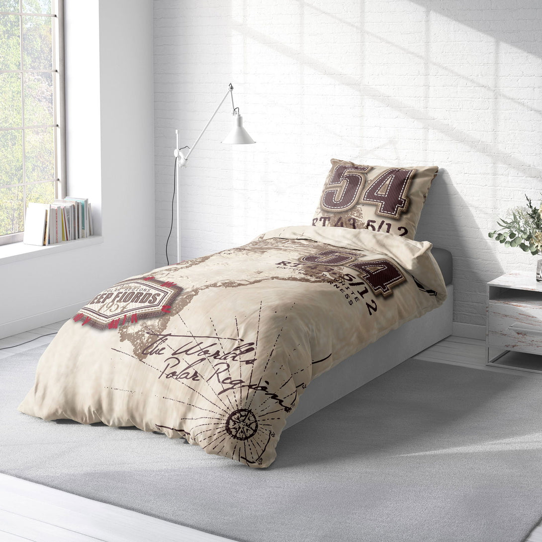 One Home Bettwäsche 155x220 cm Weltkarte Landkarte Norden Nördlich beige braun Microfaser