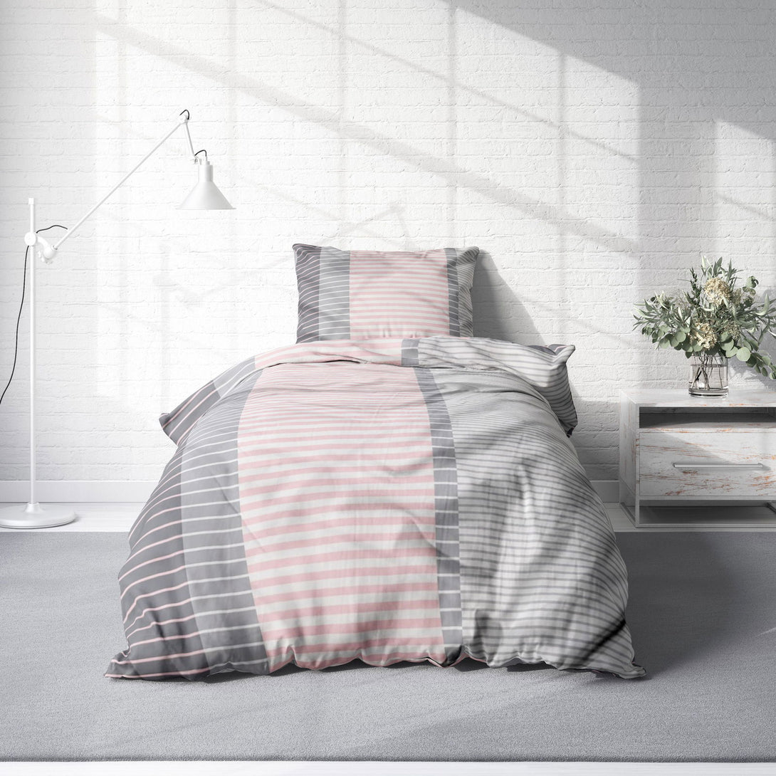 One Home Bettwäsche 155x220 cm gestreift Streifen rosa grau modern Übergröße Microfaser