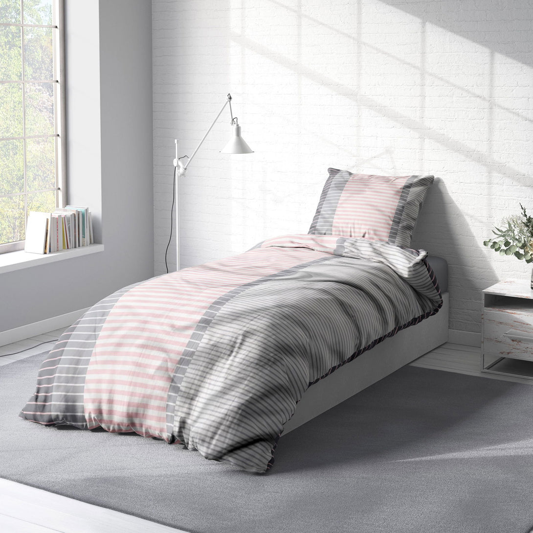 One Home Bettwäsche 155x220 cm gestreift Streifen rosa grau modern Übergröße Microfaser