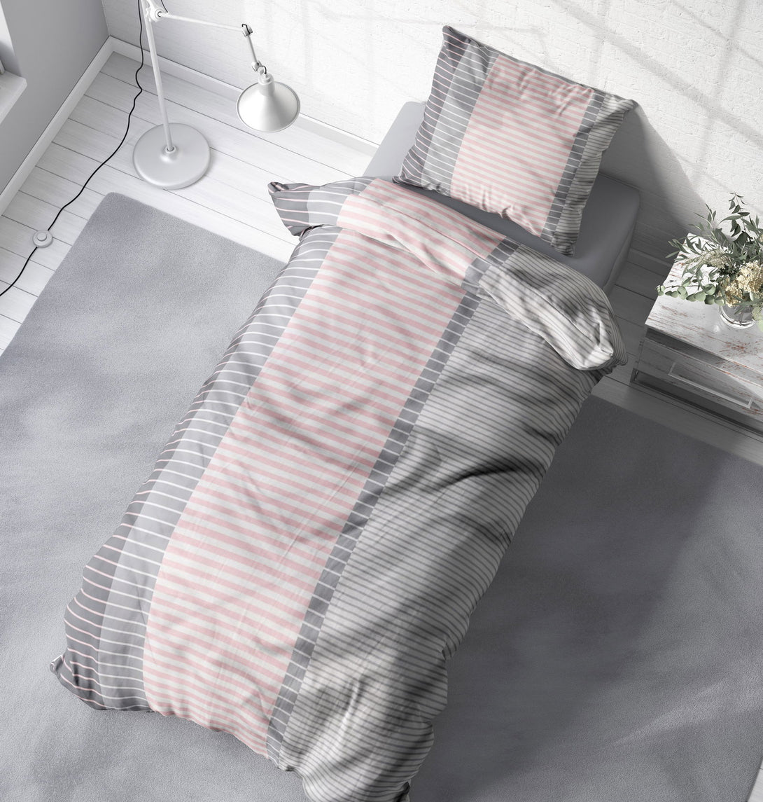 One Home Bettwäsche 155x220 cm gestreift Streifen rosa grau modern Übergröße Microfaser