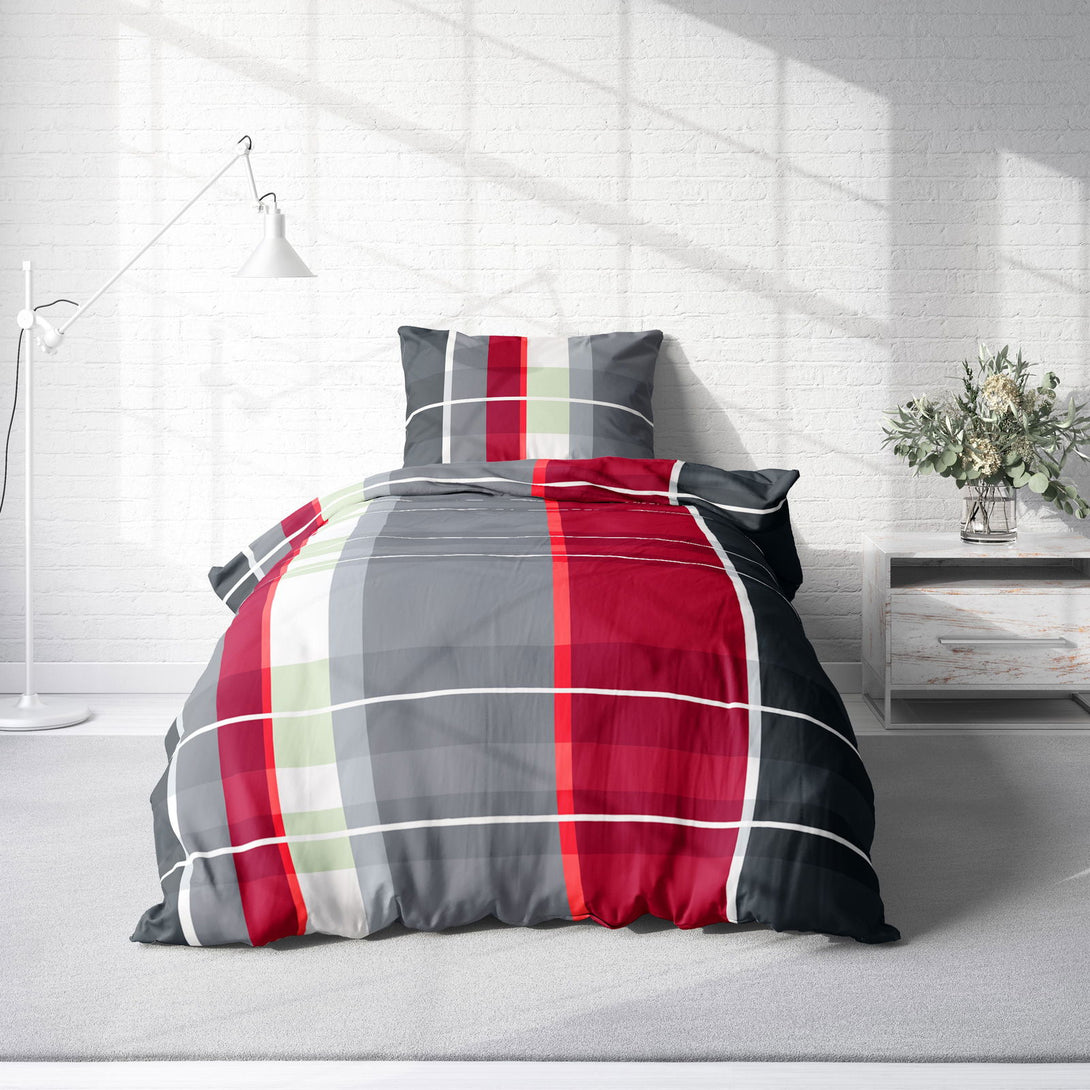 One Home Bettwäsche 155x220 cm kariert anthrazit grau rot bordeaux Übergröße Microfaser