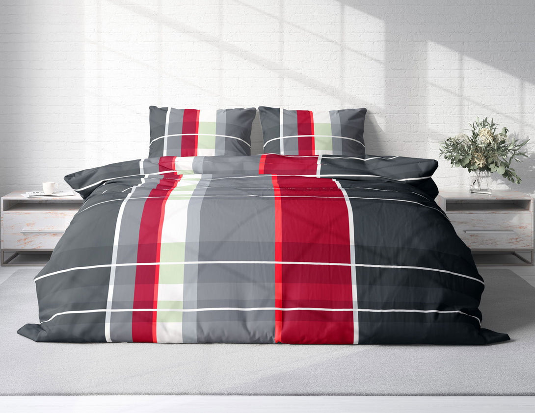 One Home Bettwäsche 240x220 cm kariert anthrazit grau rot modern Doppelbett Microfaser