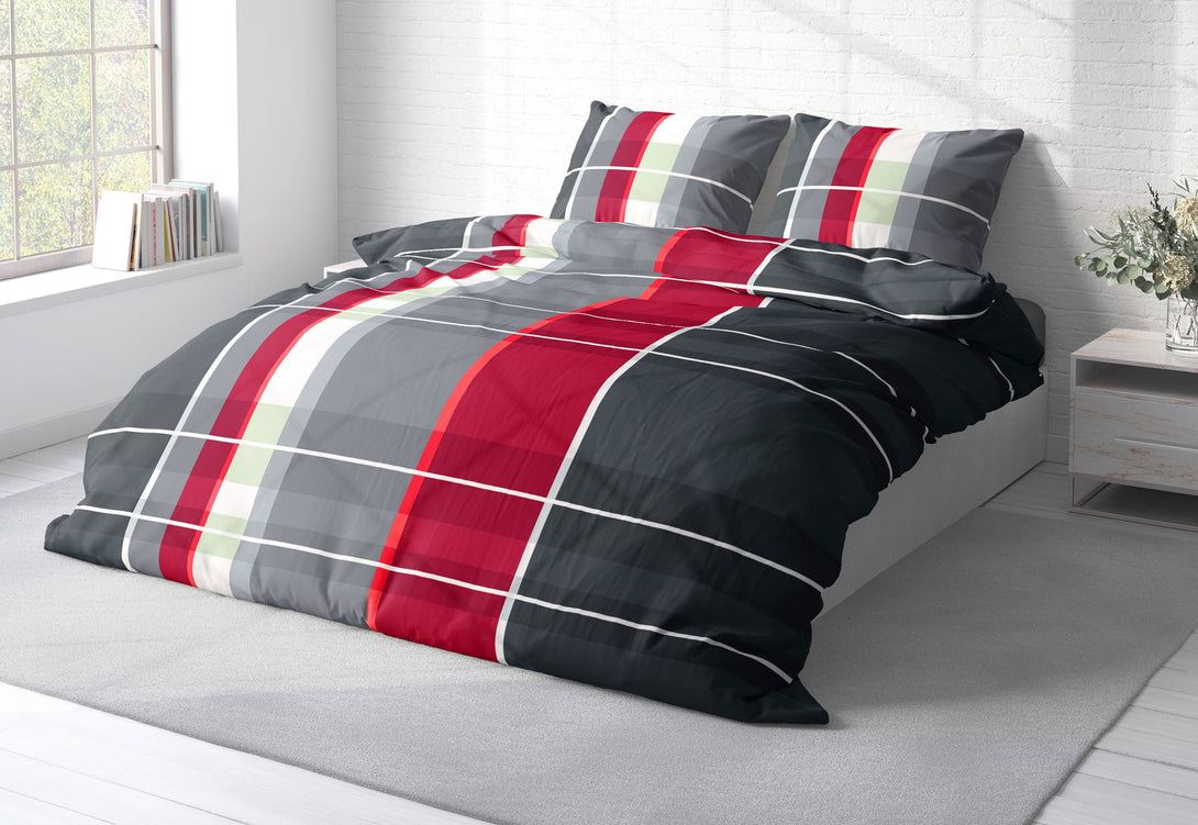 One Home Bettwäsche 240x220 cm kariert anthrazit grau rot modern Doppelbett Microfaser