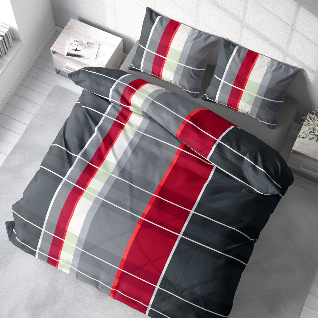 One Home Bettwäsche 240x220 cm kariert anthrazit grau rot modern Doppelbett Microfaser