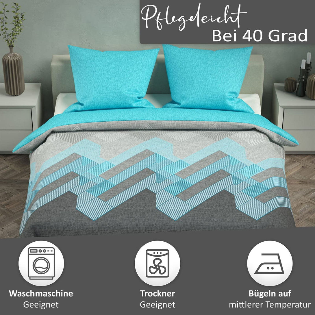 One Home Bettwäsche Geometrisch Grafisch meliert türkis grau modern Baumwolle Renforce