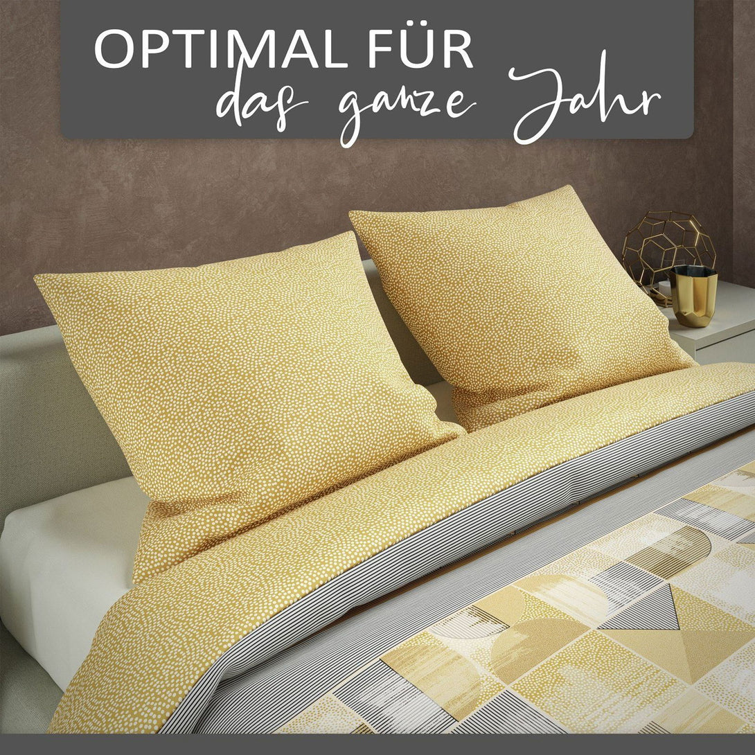 One Home Bettwäsche Set Gemustert Gepunktet Gestreift gelb grau Wende Baumwolle Renforce