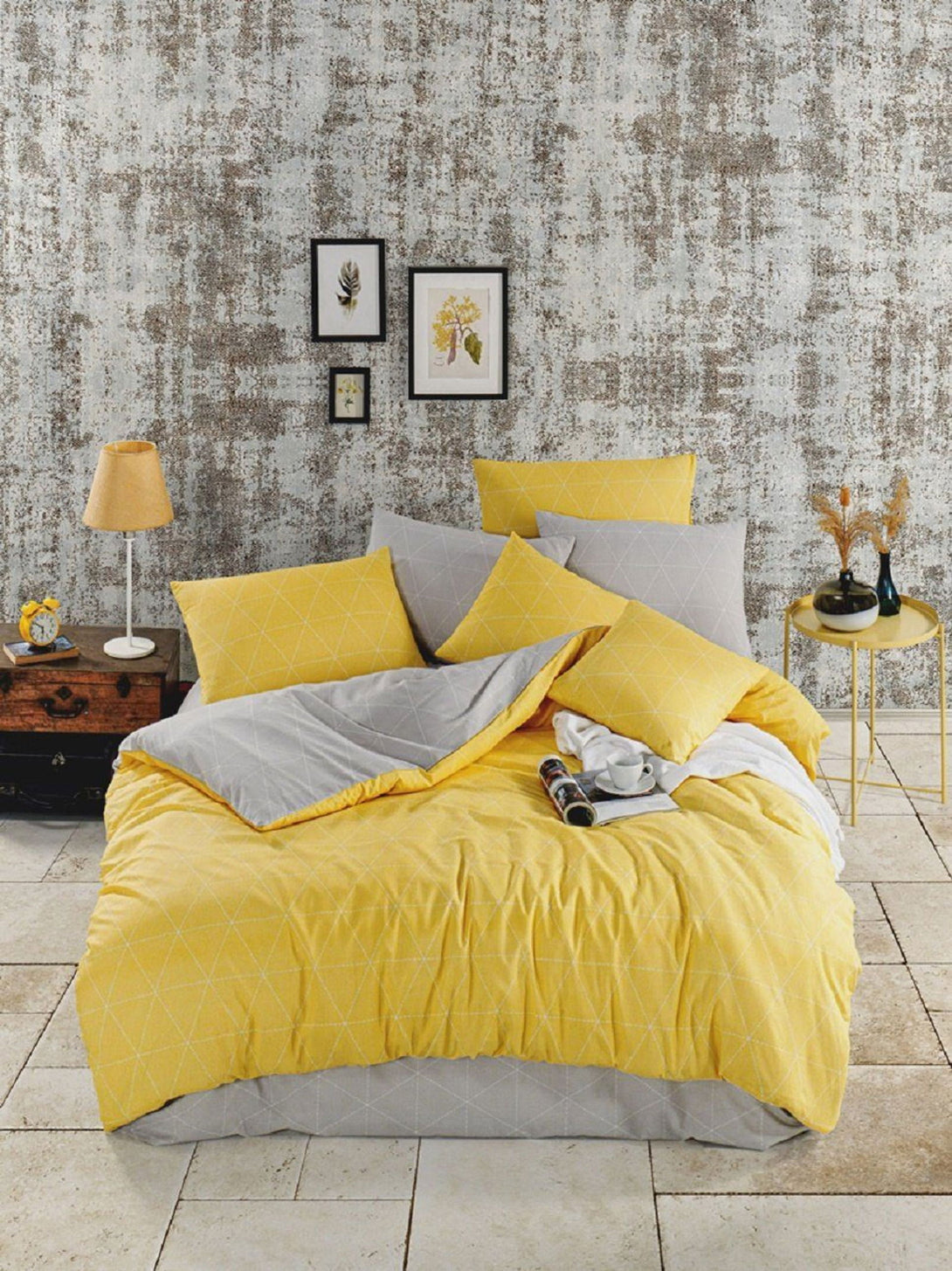 One Home Bettwäsche Set Geometrisch Raute modern gelb anthrazit Wende Baumwolle Renforce