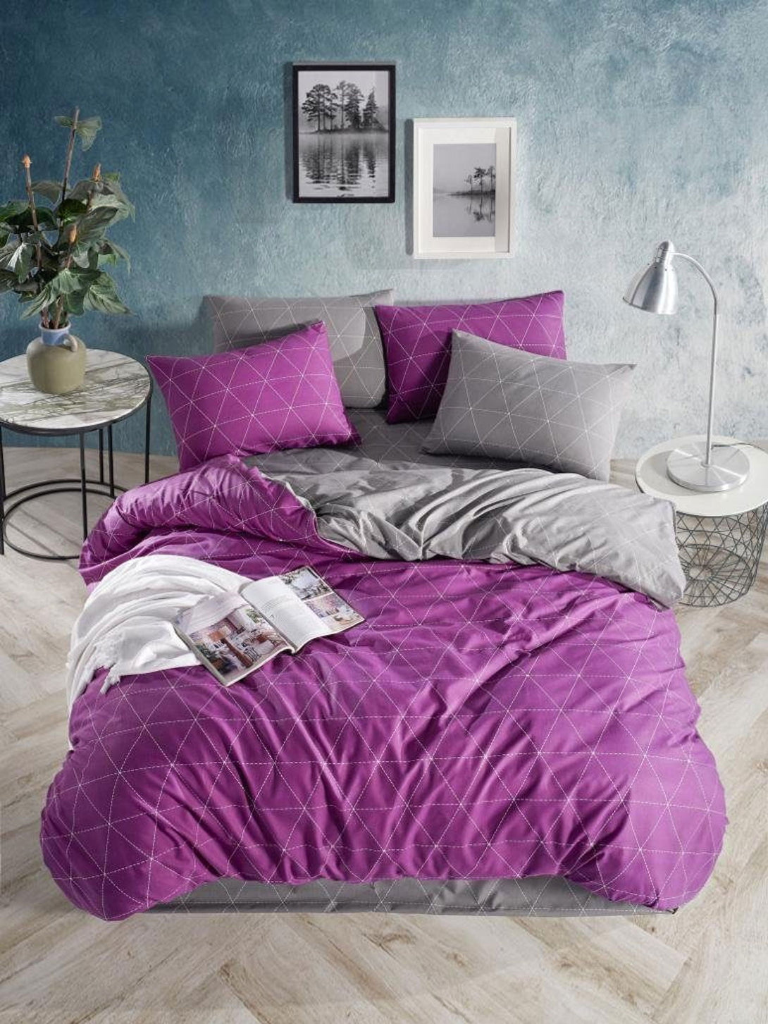 One Home Bettwäsche Set Geometrisch Raute modern lila violett Wende Baumwolle Renforce