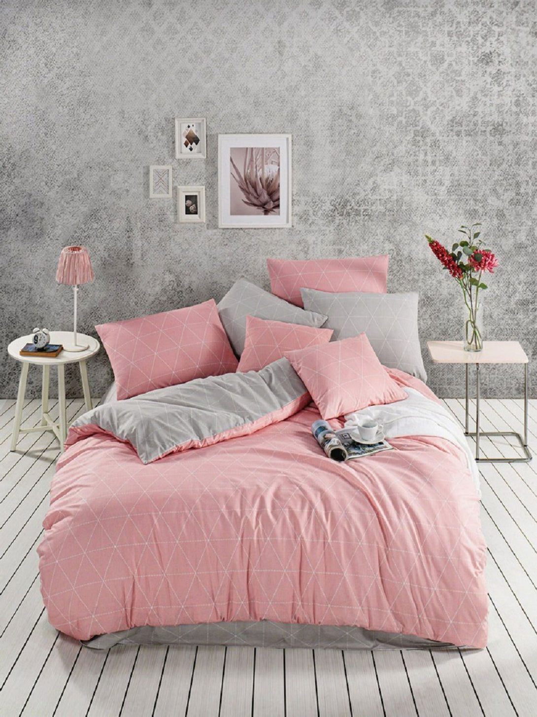 One Home Bettwäsche Set Geometrisch Raute modern rosa anthrazit Wende Baumwolle Renforce
