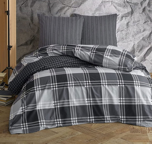 One Home Bettwäsche Set Kariert Gestreift grau anthrazit modern Wende Baumwolle Renforce
