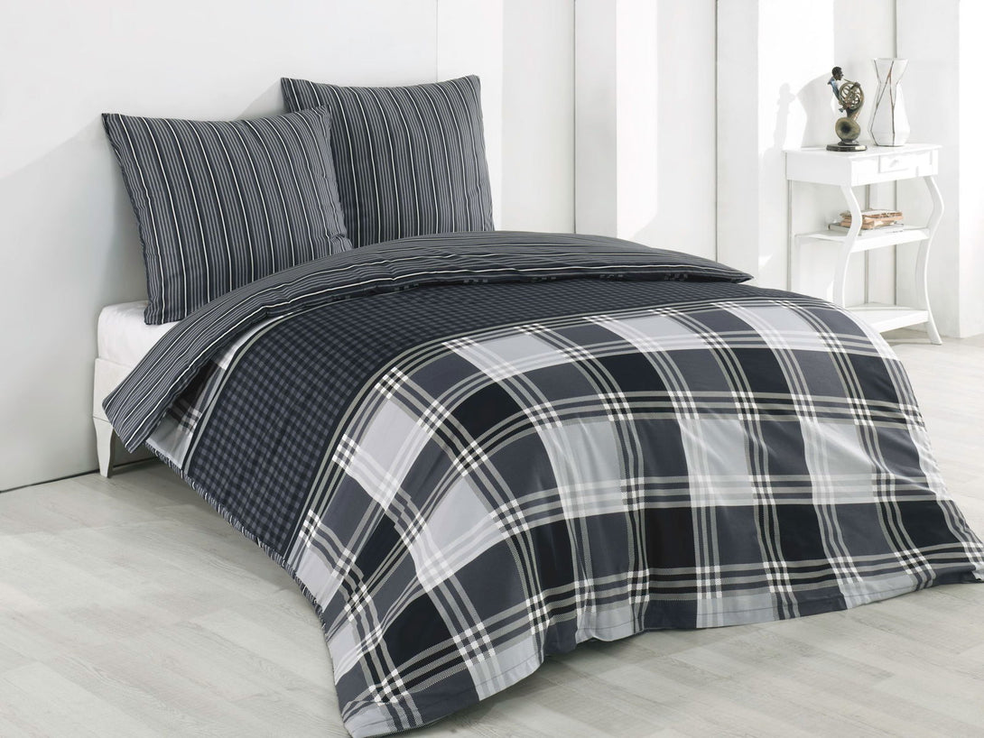 One Home Bettwäsche Set Kariert Gestreift grau anthrazit modern Wende Baumwolle Renforce