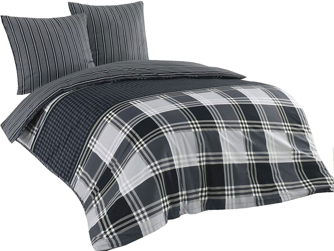 One Home Bettwäsche Set Kariert Gestreift grau anthrazit modern Wende Baumwolle Renforce