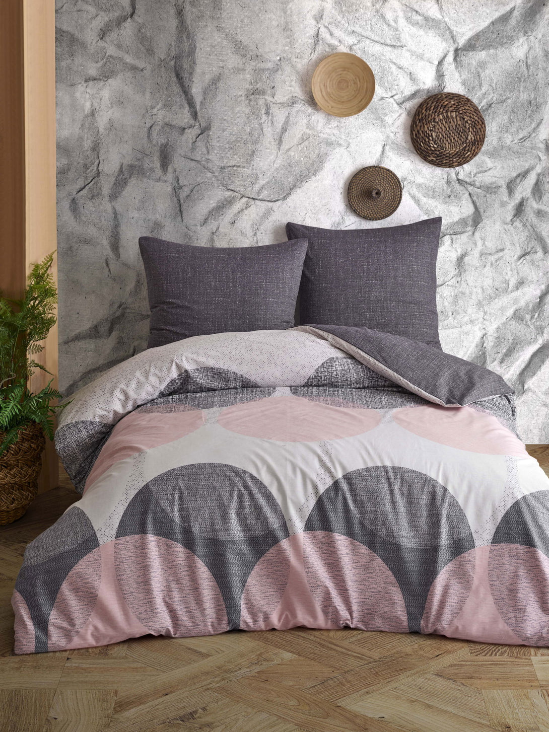 One Home Bettwäsche Set Kreise Meliert anthrazit rosa modern Wende Baumwolle Renforce