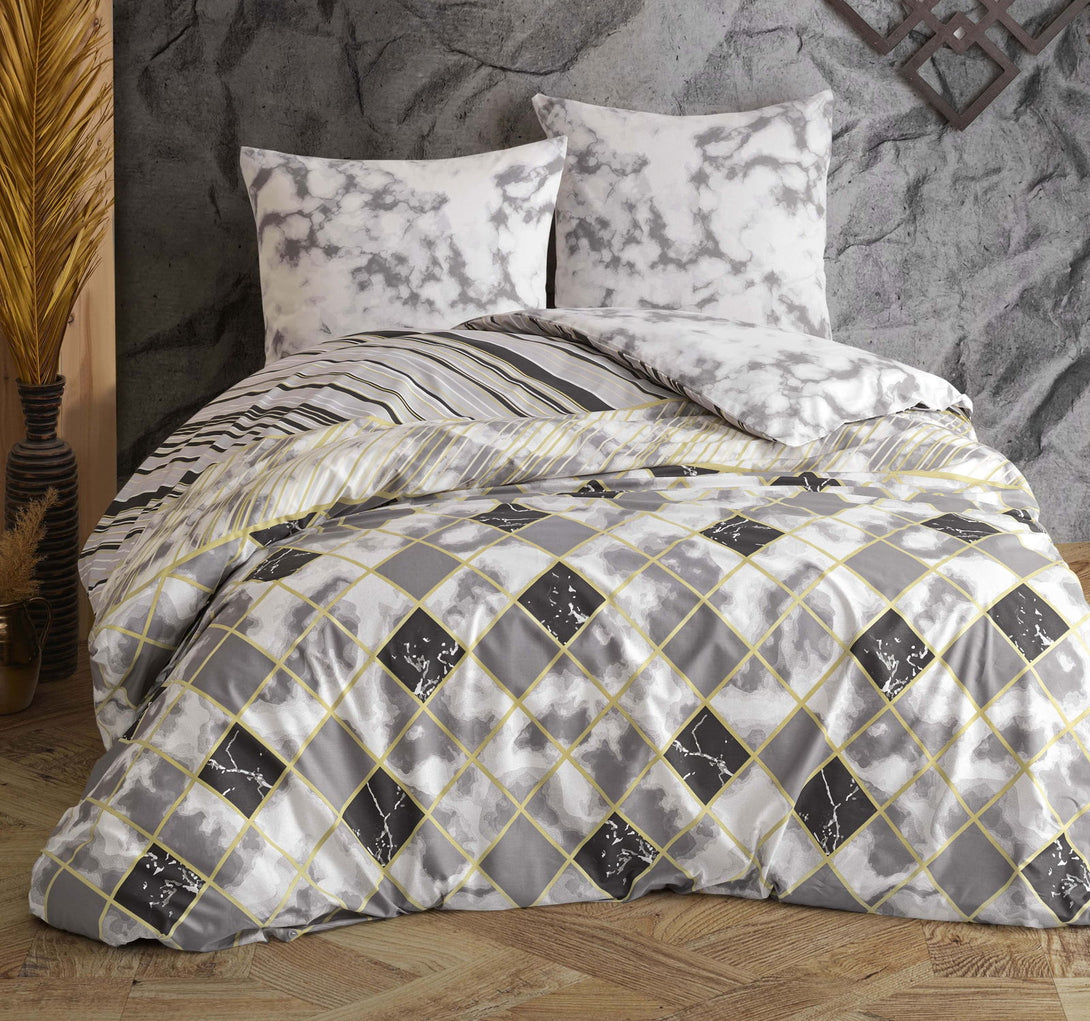One Home Bettwäsche Set Marmor gestreift grau weiß gold modern Wende Baumwolle Renforce